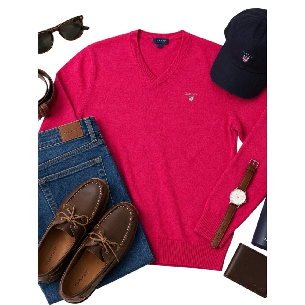 GANT Lambswool V Neck Sweater Azalea Pink Melange NWT Men's Large Pullover Top